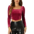 thumbnail image 1 of Top de terciopelo INSPIRE CHIC para mujeres, blusa casual de cuello cuadrado y manga larga, color rojo, talla L, 1 of 6