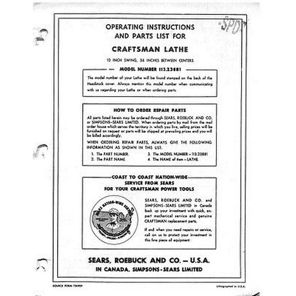 1965-1969 Craftsman 113.23881 /Emerson 12" x 37" Lathe tubular steel bed REPRINT