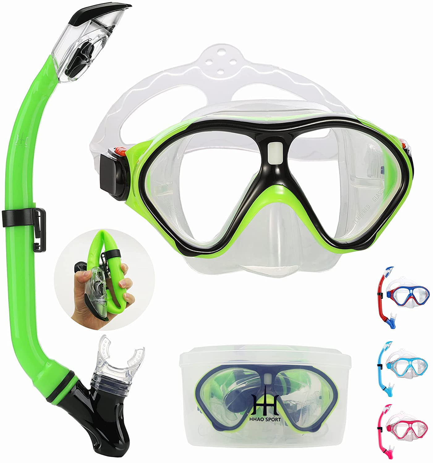 Snorkeling Gear for Kids with Foldable Silicone Full Dry Snorkel Kids Snorkel Set Anti Leak Youth Junior Snorkeling Package Diving Mask Soft Tube with Hard Storage Box Scuba Swimming Goggles 