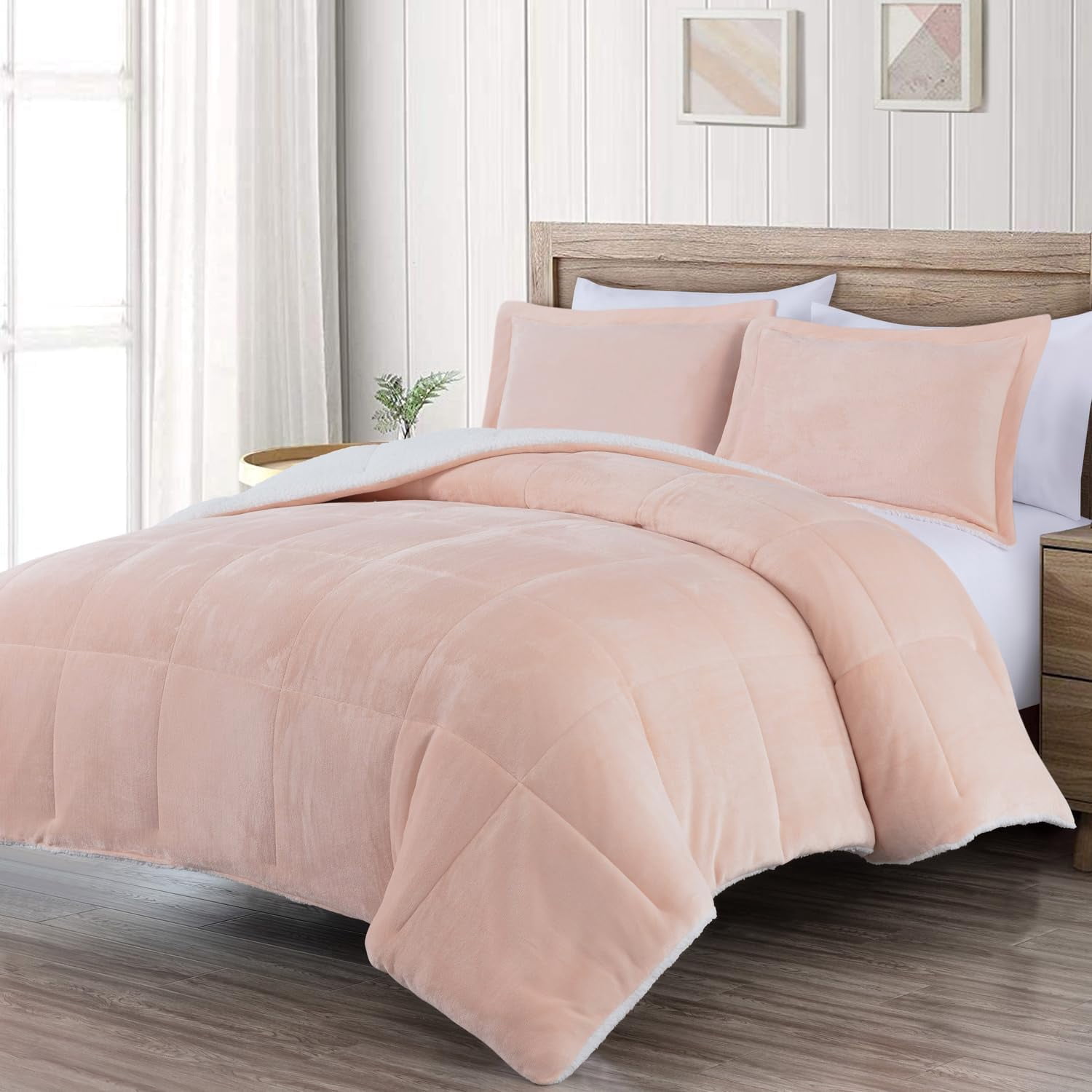 Chezmoi Collection Ultra-Soft Micromink Sherpa King Size Comforter Set with 2 Pillow Shams, Reversible Plush Bedding Comforter 3-Piece, Blush