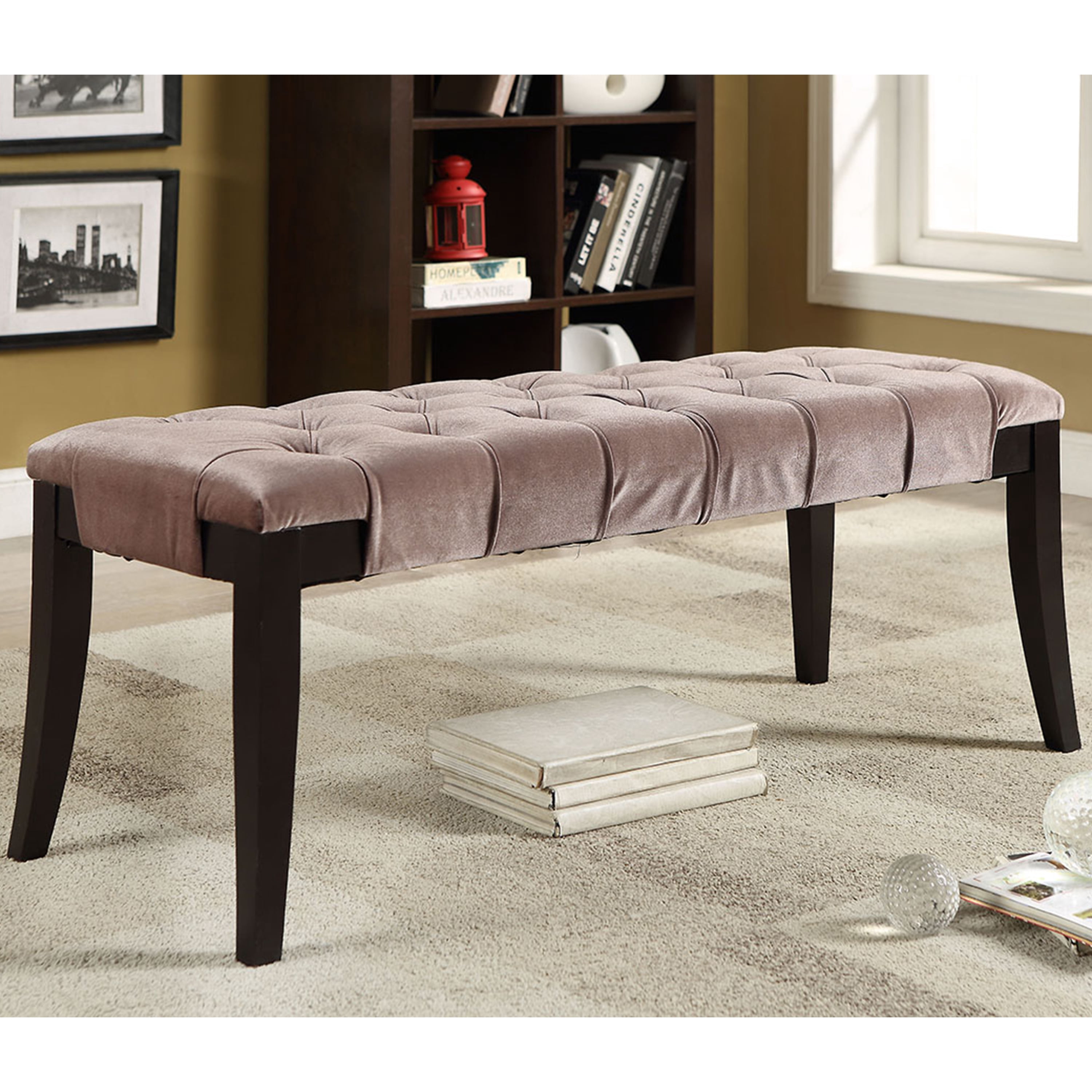 Furniture of America Gabriele Wood and Fabric Contemporary Bedroom Bench with Tufted, Brown