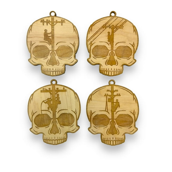 Ornament - Lineman Skulls - Set of 4 - Raw Wood 3x3in