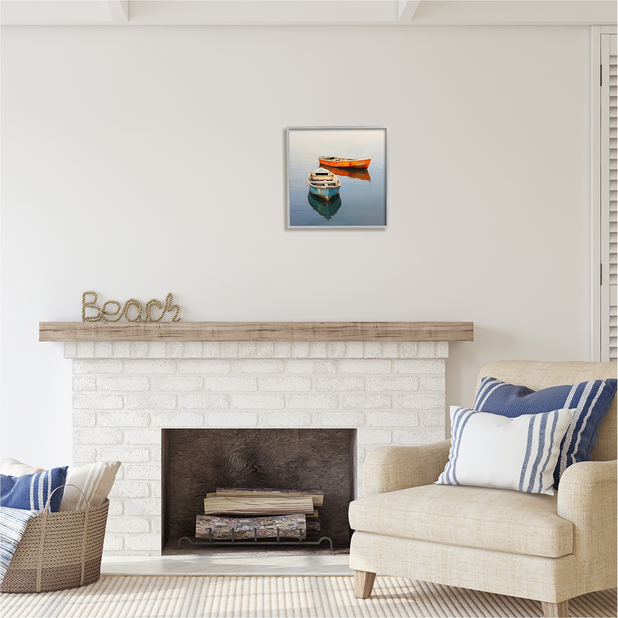 Stupell Industries Orange & Blue Boats Transportation Painting Gray Framed Art Print Wall Art, 17 x 17