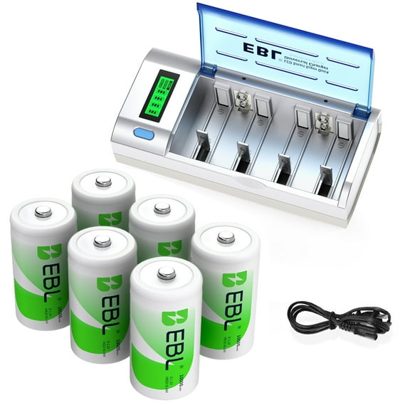 EBL D Cell Batteries 10,000mAh Ni-MH Rechargeable D Batteries 1.2V (6-Pack) with Smart LCD Battery Charger for C D AA AAA 9V Ni-MH Ni-CD Rechargeable Batteries