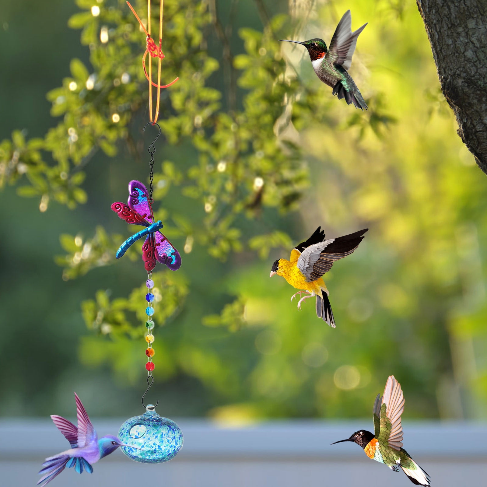 Painted Hummingbird Shaped Feeder Wind Chime, Outdoor Pendant Sunlight Refractor, Hanging Bird Feeder for Garden Patio, Colorful Hummingbird Feeder with Hook