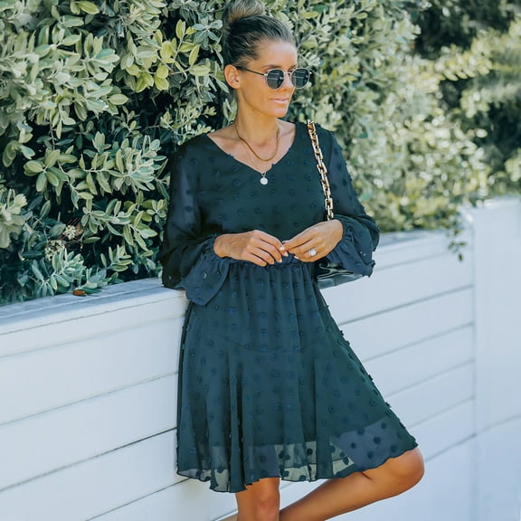 V Neck Sheer Bishop Sleeve Clip Dot Light Dress Above Knee Length