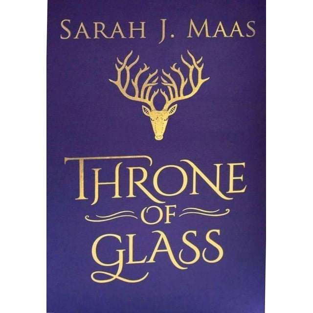 throne of glass collectors edition bloomsbury publishing plc pasta dura edición en tapa dura morada con el título en foil dorado, Sarah J. Maas en dorado en la parte superior y emblema de ciervo dorado; 432 páginas, edición 1 con estuche de tela, páginas con diseño interior nuevo y guardas metálicas, ideal para lectores de literatura juvenil de fantasía.