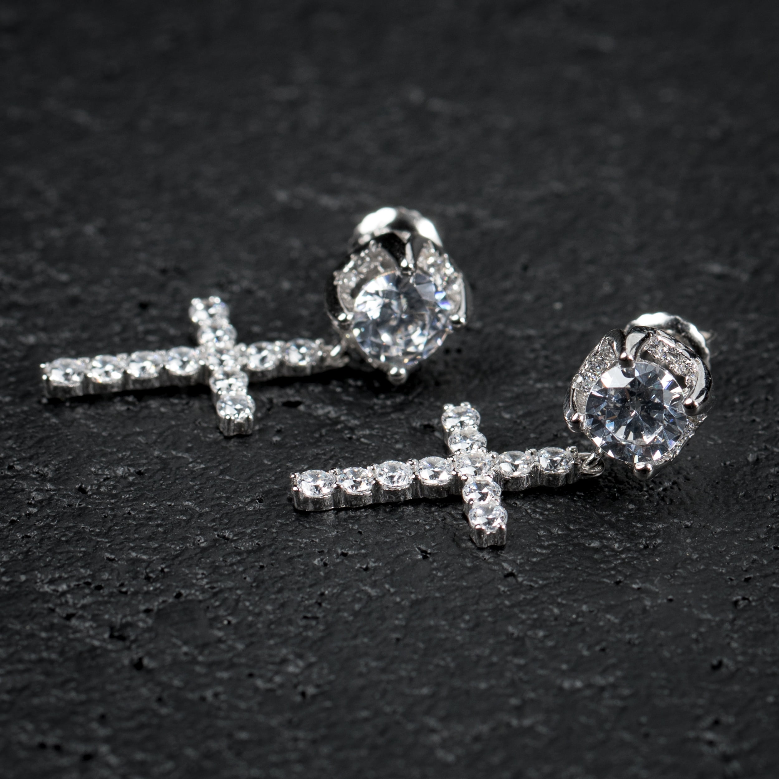 White Gold Plated 925 Sterling Silver Screw Back Post Hanging Drop Round Stud Cross Earrings for Men Women Dangle Earrings  Hip Hop Jewelry CZ Cross Dangle Earrings