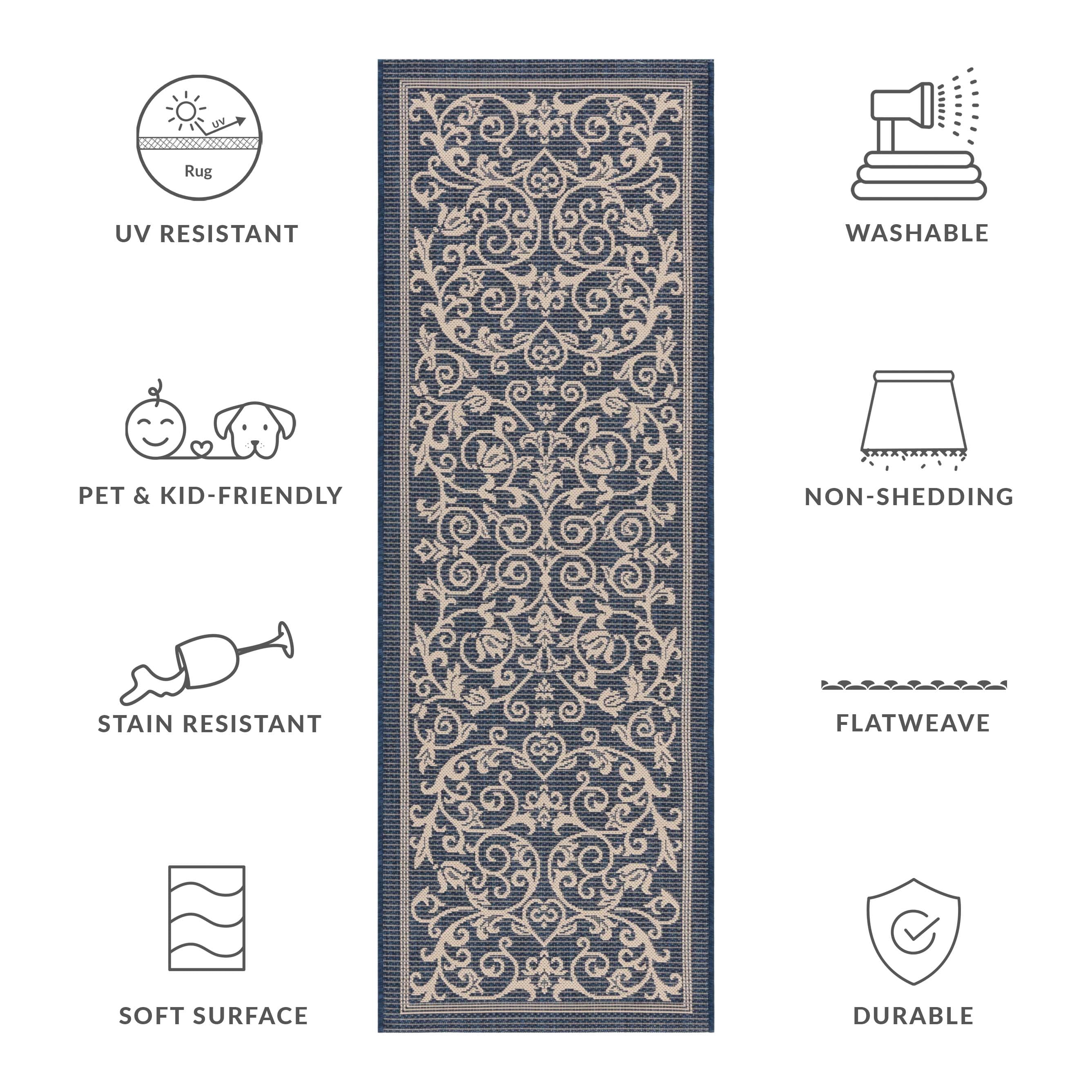 Safavieh Courtyard Nanda Botanical Indoor/Outdoor Runner Rug, Navy/Beige, 2'3" x 10'