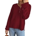thumbnail image 3 of HUBERY Women Button Up V Neck Spliced Long Sleeve Ribbed Solid Color Knitted Top, 3 of 5