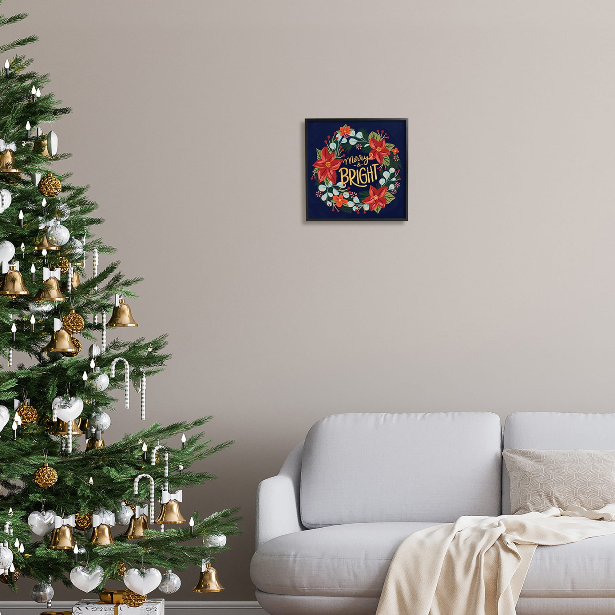 Merry And Bright Calligraphy Floral Poinsettia Wreath Botanical & Floral Graphic Art Framed Art Print Wall Art