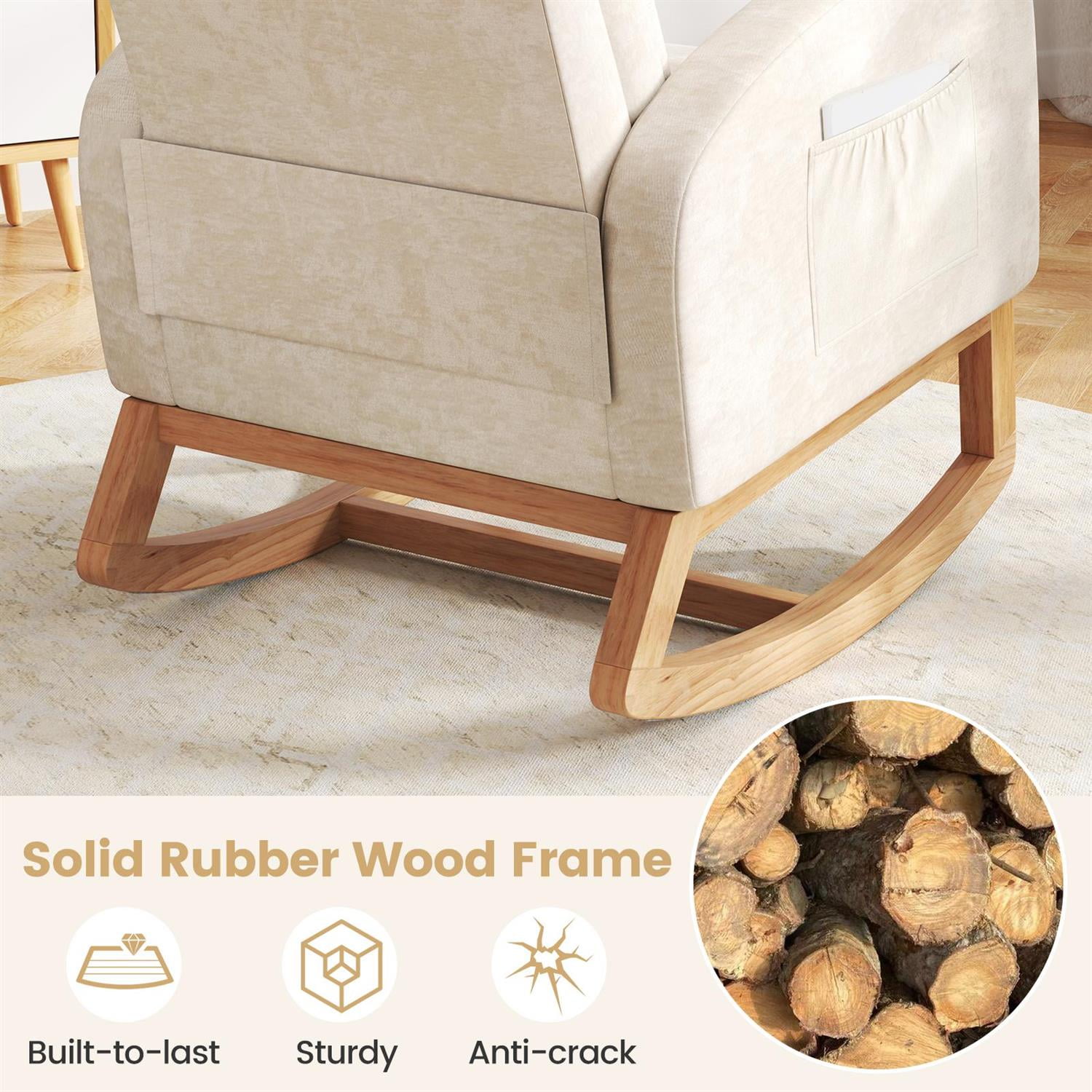 Spaco Chenille Nursery Rocking Chair, Rubber Wood Frame, Ergonomic Support, Side Pockets, Beige