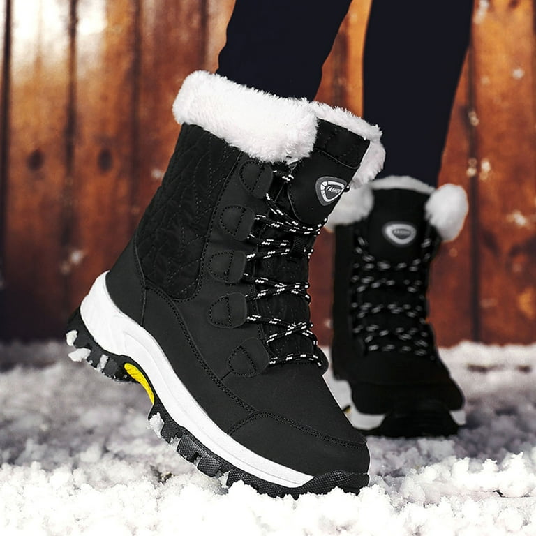 Fzm Snow Boots Flat Proof Warm Laceup Boots Women Water Keep Velvet Round Toe Shoes Plus Women's Boots, Size: 41, Black