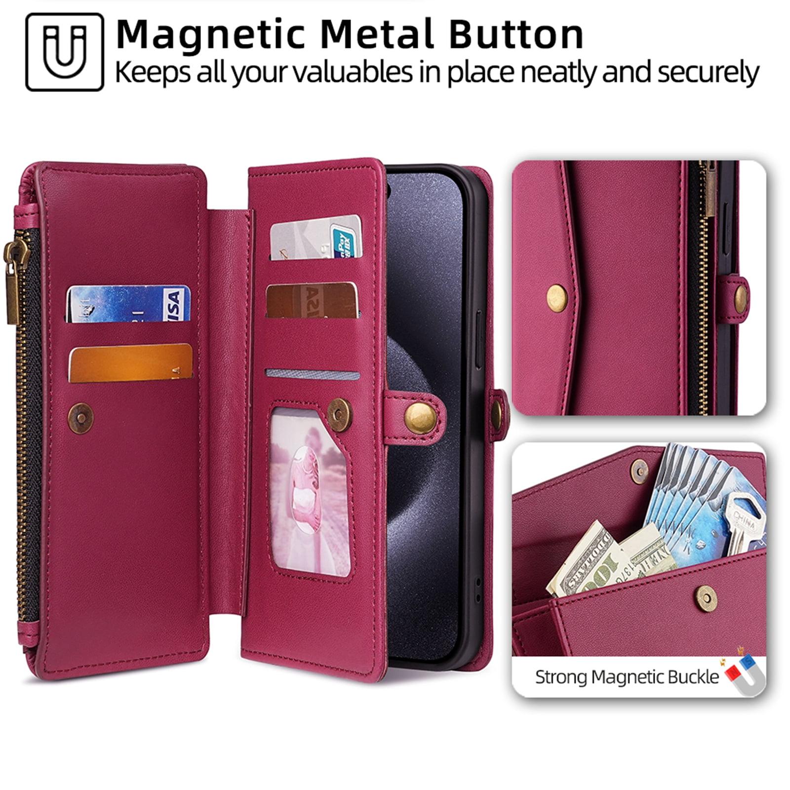 ShieldPlus for Motorola Moto G Stylus 5G Case 2024, Magnetic Flip RFID Blocking PU Leather for Moto G Stylus 5G (2024) Wallet Case for Women Men with Credit Card Holder Zipper Pocket,Red