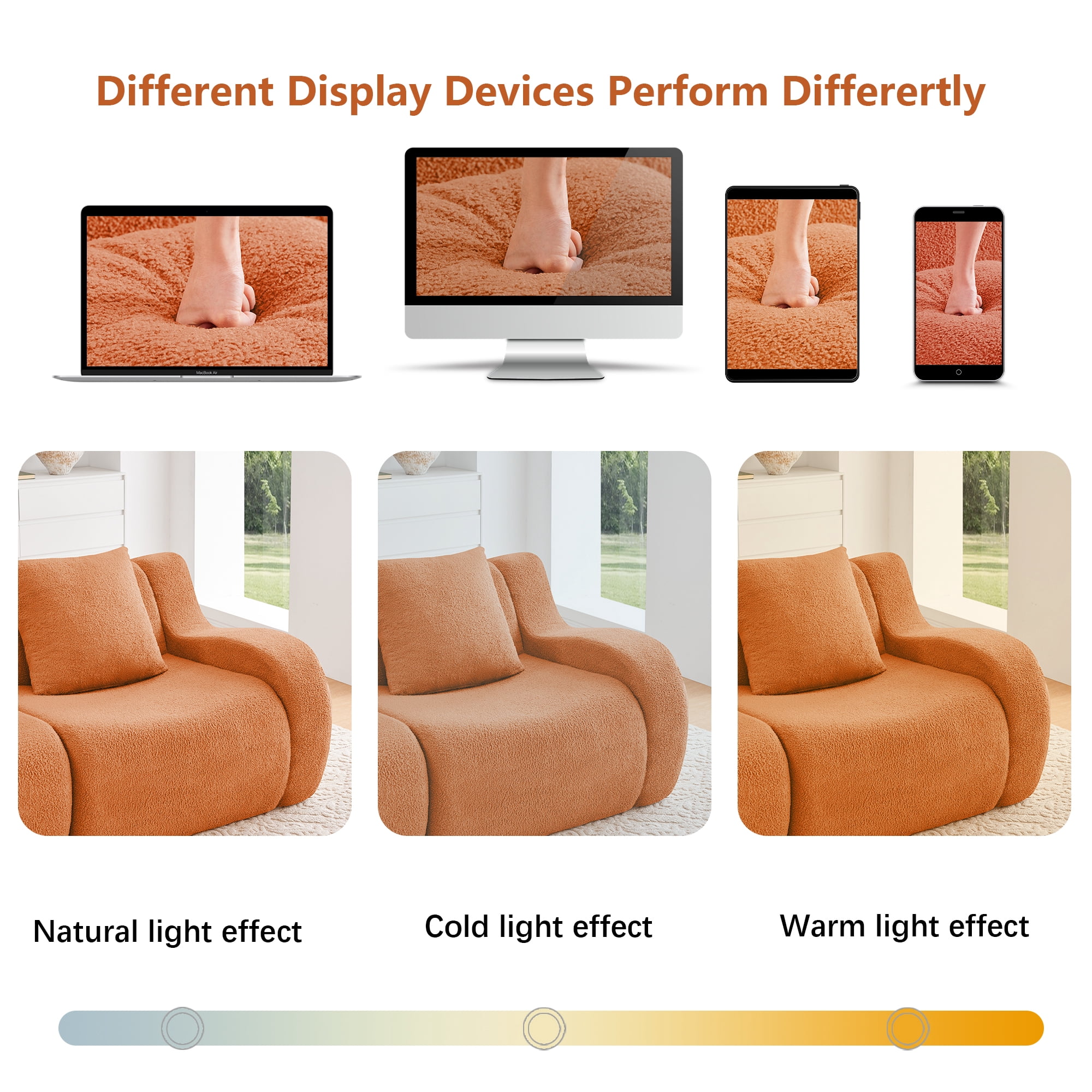 MAYEERTY 115.3" 3-Seat Teddy Fabric Boneless Sofa, Orange 300lbs/seat 32D Foam No Assembly Curved Armrest Couch for Living Room Bedroom