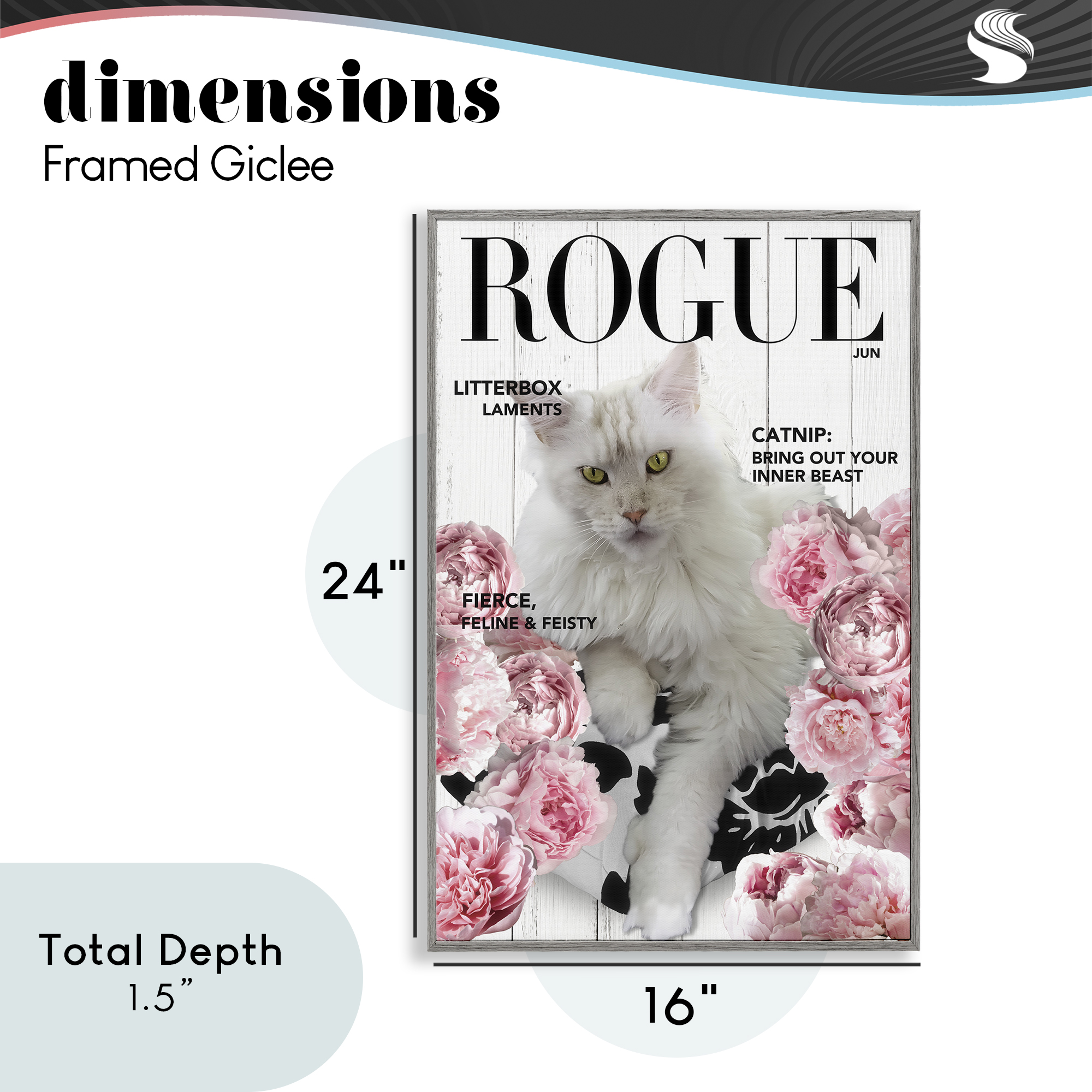 Funny Floral Cat Magazine Gray Framed Giclee Art, design by Sasha