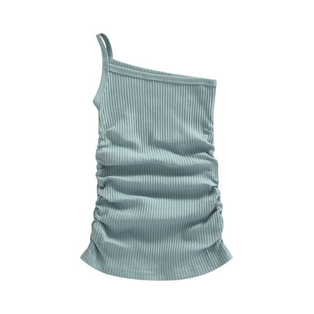 

Frobukio Kids Little Girls Casual Dress Solid Color Ribbed Sleeveless Sling One Shoulder Summer Beach Dress Blue 5-6 Years