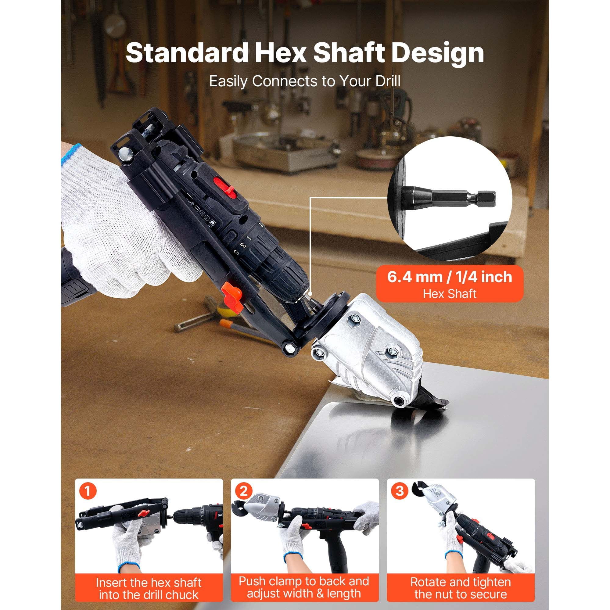 Metal Shear Drill Attachment, Cuts 18GA Steel and 14GA Aluminum, 360° Rotating Blade, 1/4" Hex Shank, Compatible with 18V-20V Drills for Straight and Curve Cutting