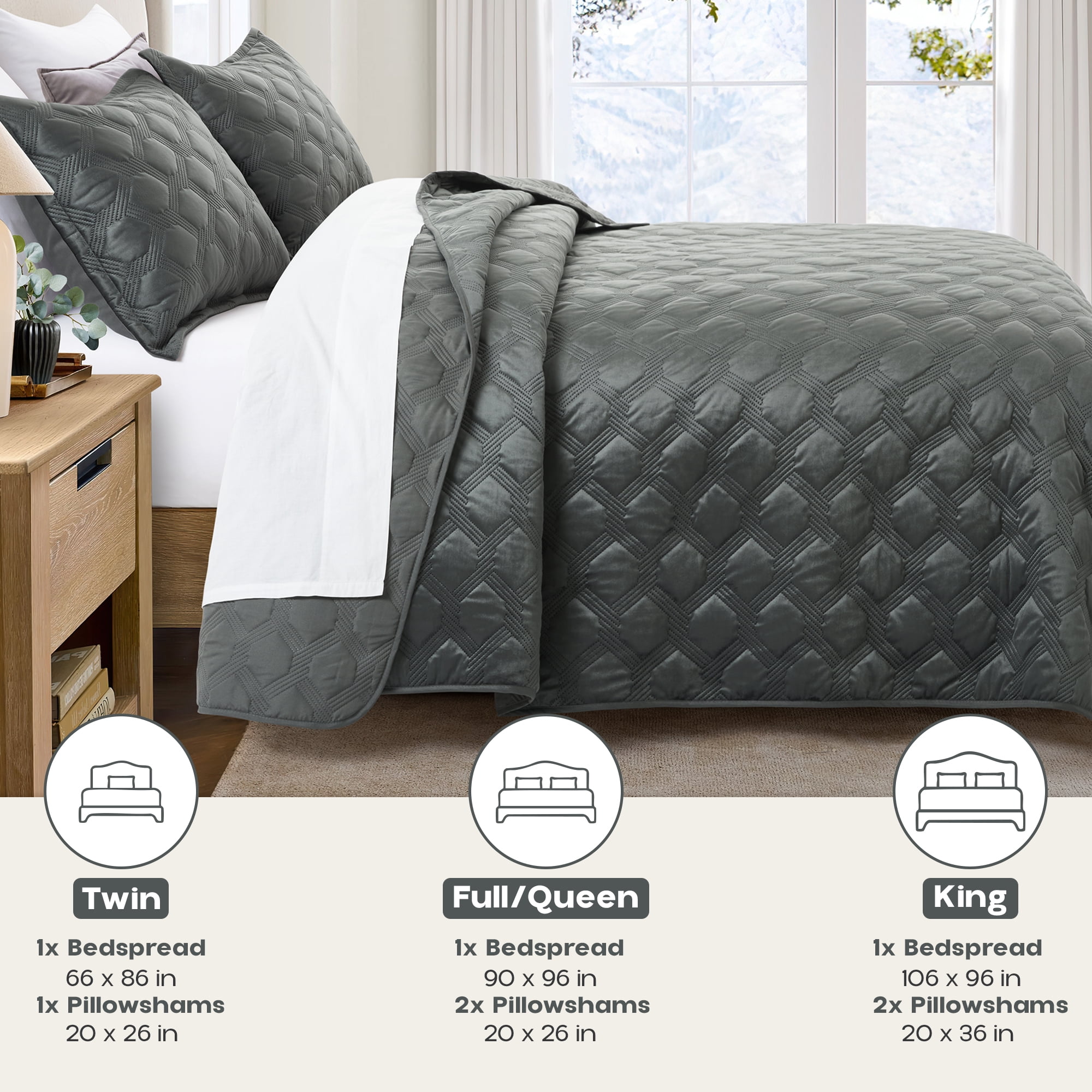 Ameha Velvet Quilt Set 3 Piece Geometric Ultrasonic Embossed Bedspread Reversible 350GSM Soft Microfiber Bedding Grey Full/Queen