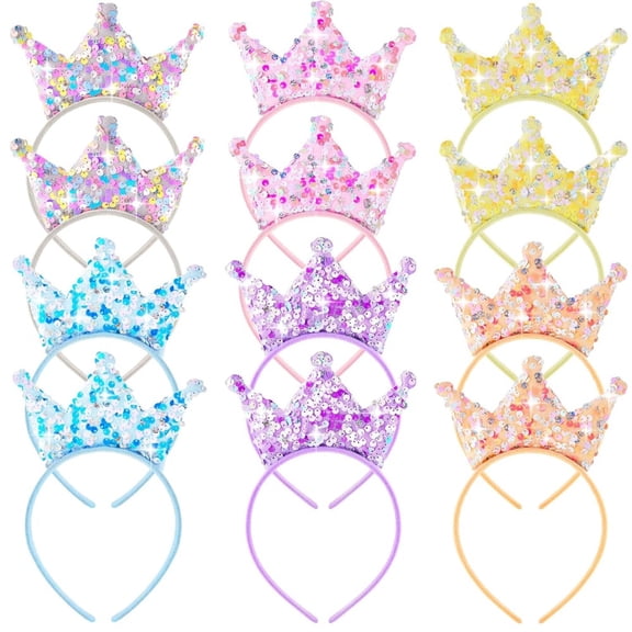 12 Pack Glitter Princess Crown Headbands – Sparkling Sequin Hair Tiaras for Girls & Women, Multi-Color Set for Birthday Parties, Weddings & Celebrations