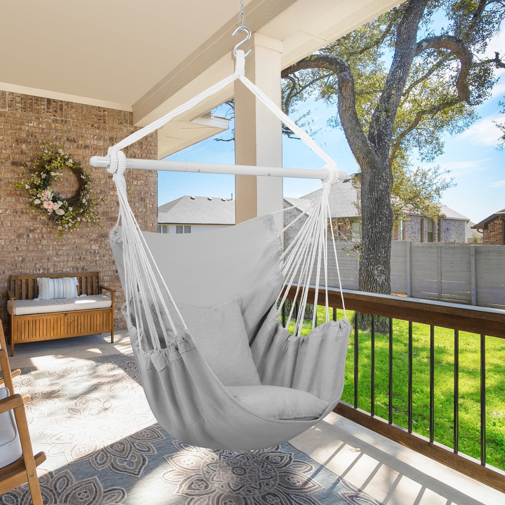 Large Hammock Chair Swing Relax Hanging Rope Swing Chair with Detachable Metal Support Bar Two Seat Cushions Cotton Hammock Chair Swing Seat for Yard Bedroom Patio Porch Indoor Outdoor Walmart