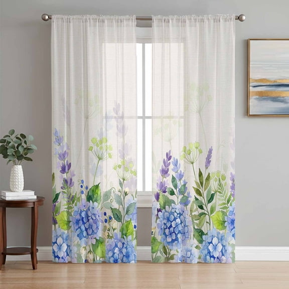 Blue Hydrangea Flower Sheer Curtains 84 Inch Length 2 Panels Set, Farmhouse Country Floral Leaf Beige Voile Window Treatment Rod Pocket Curtains Sheers for Bedroom/Living Room/Kitchen 52"x84"x2