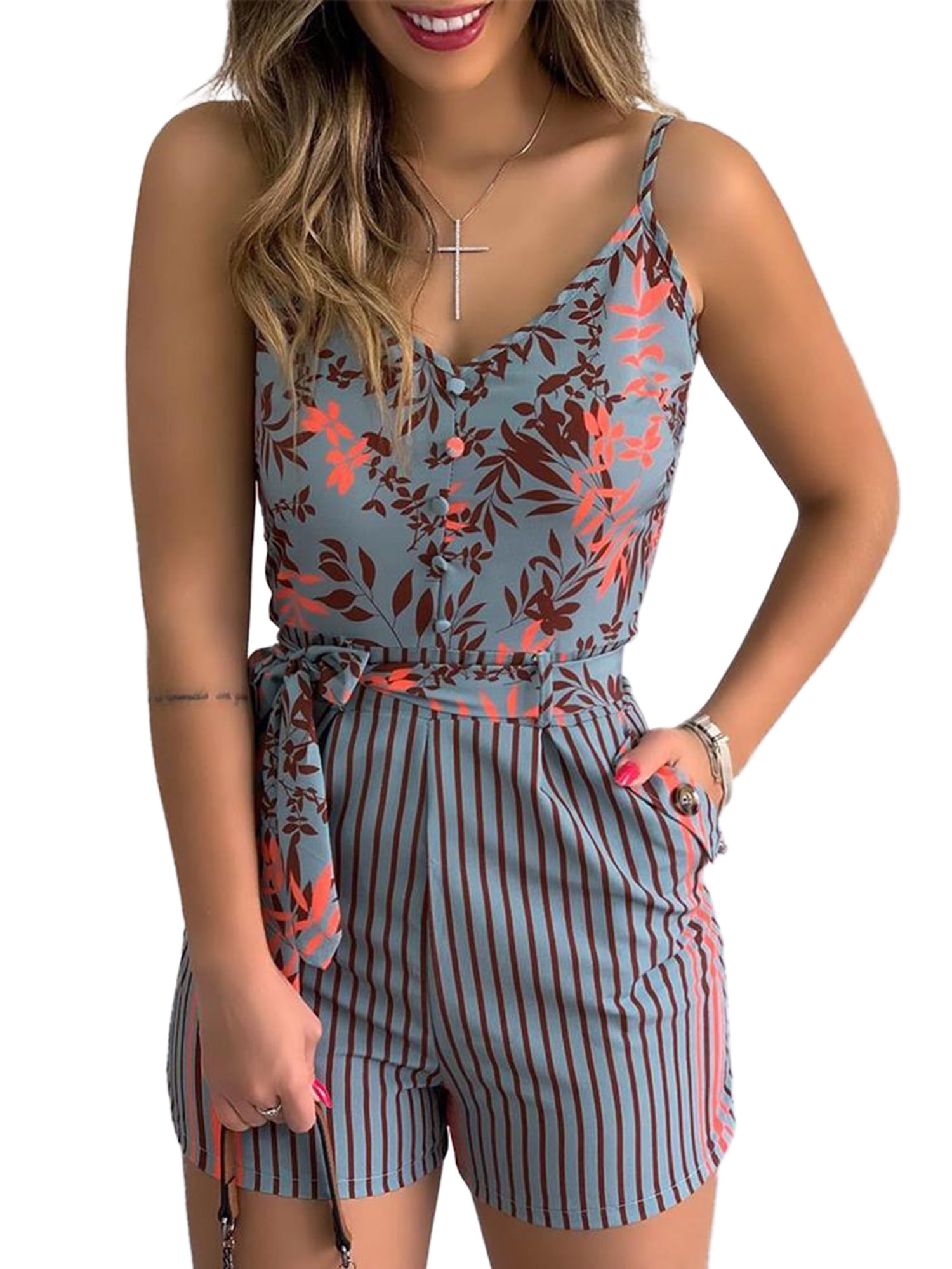 Womens Elegant Short Sleeve Deep V-Neck Jumpsuit Rompers Striped High Rise Baggy Cropped Pants Lightweight Breathable Summer Lounge Playsuit with Belt 