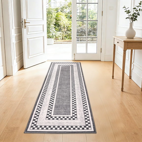 Checkered Area Rug, Low-Pile Washable Non Slip Rug, Waterproof Stain Resistant Tufted Carpet, TPE Rubber Backing Ultra Thin Floor Mat for Living Room, Bedroom, Dining Room, Entryway,Gray,2*6ft