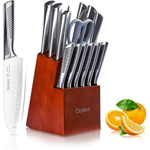 Cookit Knife Sets 15 Piece Kitchen Knives Set With Block German Stainless Steel Chef Knife Set Hollow Handle Cutlery With Manual Sharpener Walmart Com Walmart Com