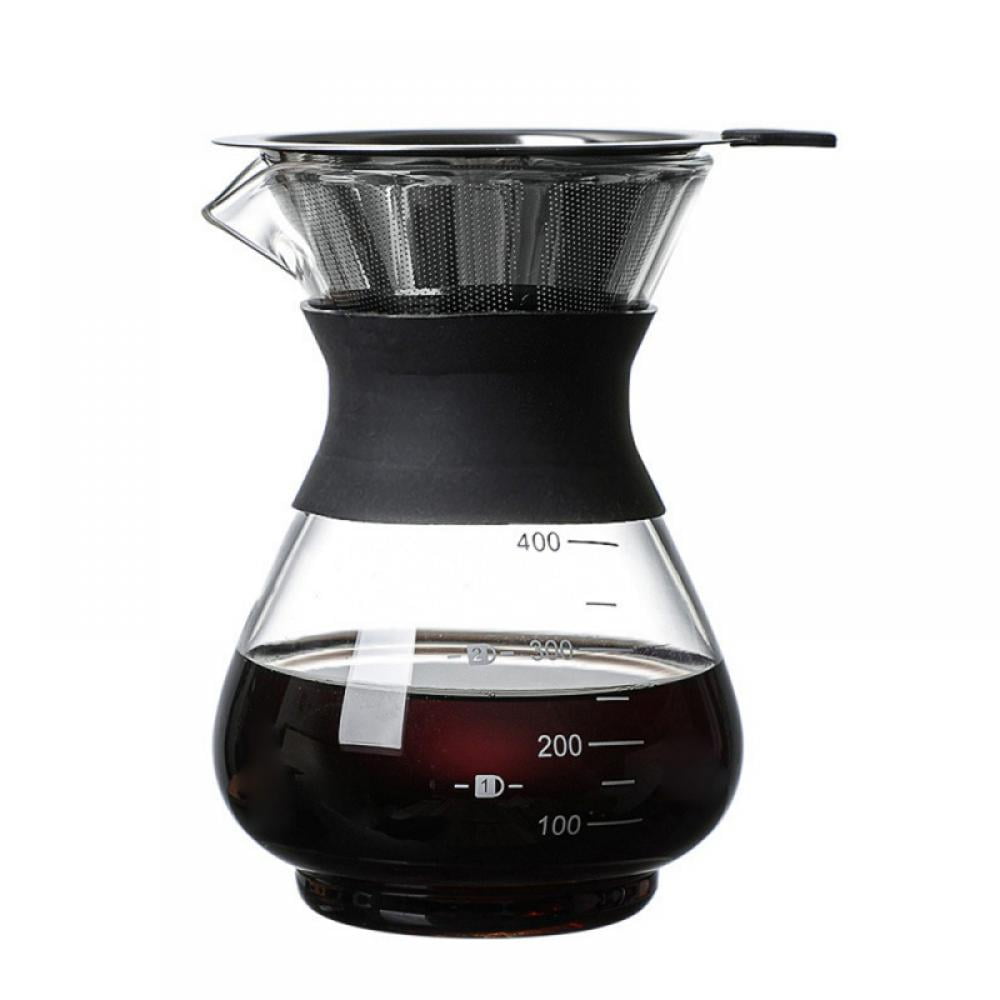 Coffee Maker Pot Glass Hand Drip with Stainless Steel Permanent Filter with Scale for Home 400ML 