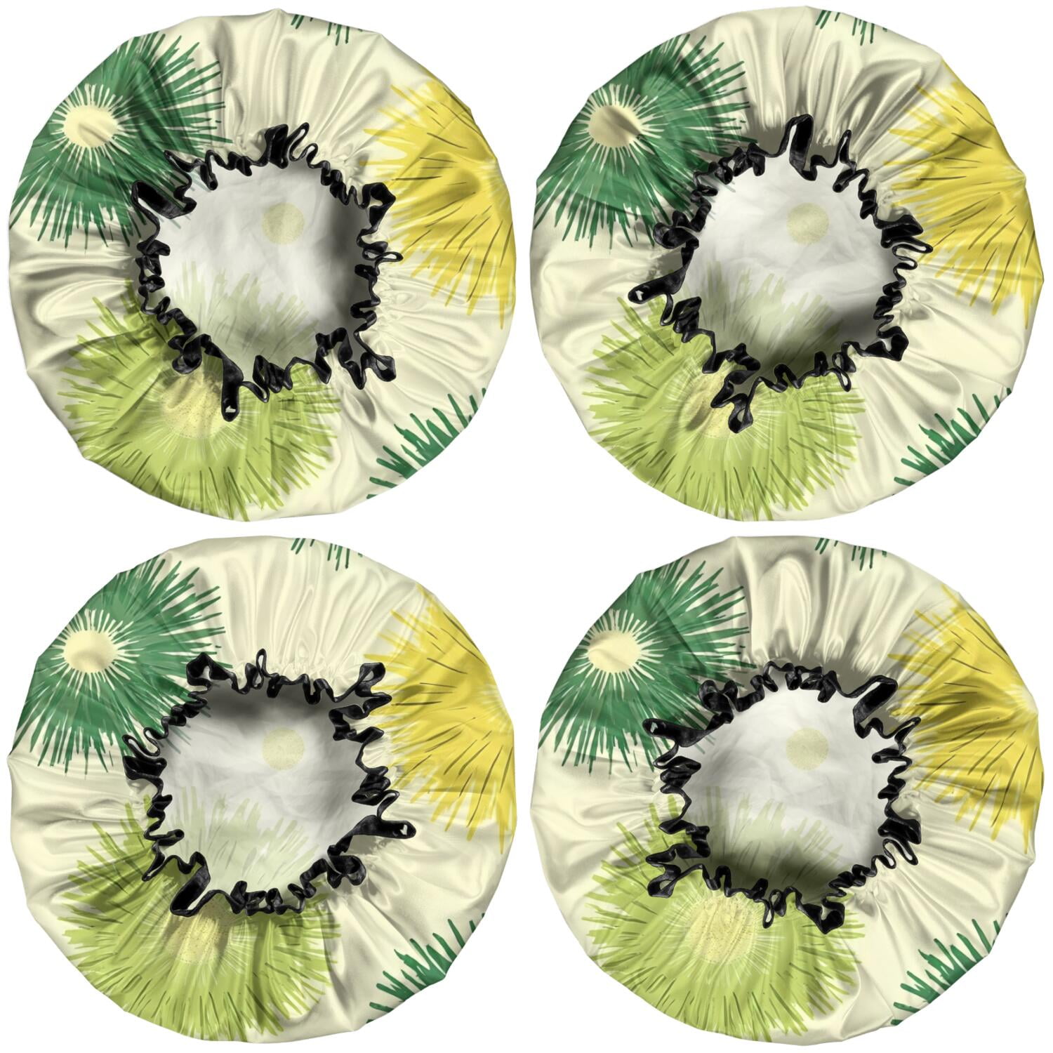 Shower Caps,Green Yellow Dandelion Pattern Waterproof Shower Cap for Women 4 Pieces,Double Reusable Hair Cover for Shower PEVA Elastic Stretch Hem
