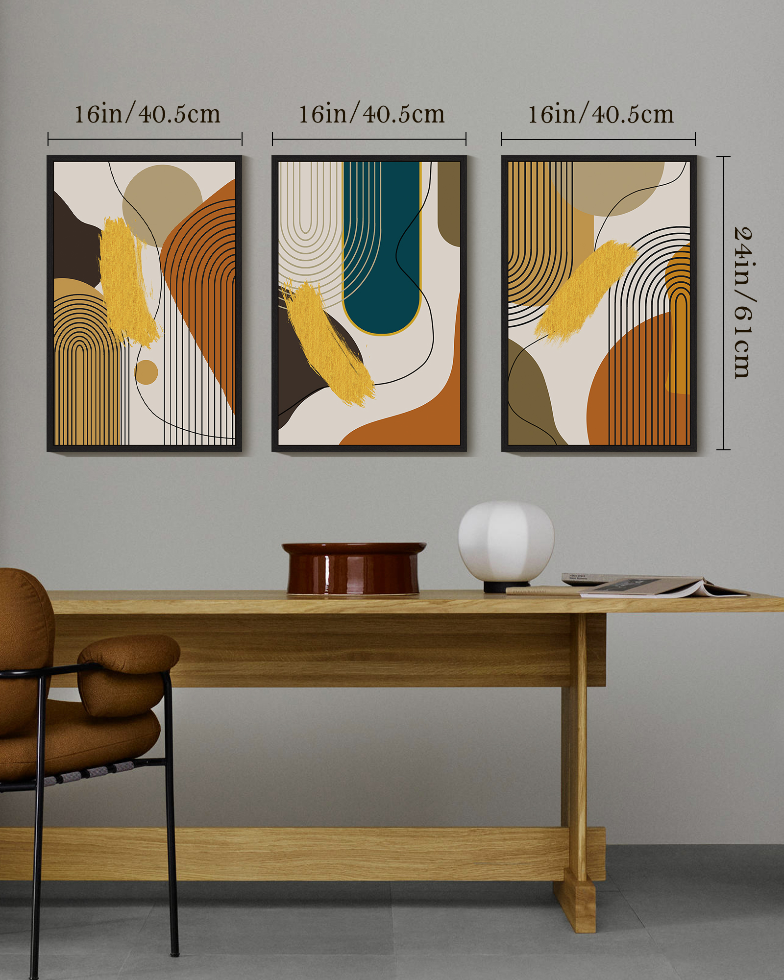 Drsoum 16x24in3pcs Black Framed Boho Abstract Wall Art Modern Minimalist Luxury Gold Line Artwork Decor