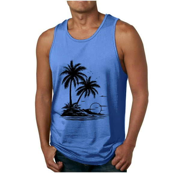 ZCFZJW Men's Sleeveless Tank Tops Trendy Crewneck Summer Tropical Palm Tree Print Big and Tall Regular Fit Graphic Gym Athletic Tees Shirt Blue XL