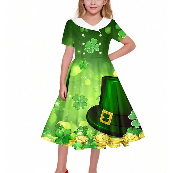 CYRBOKO Girls Dresses for St. Patrick's Day, A-line Casual Holiday Collared Short Sleeve Dresses Orange Size 7-8 T