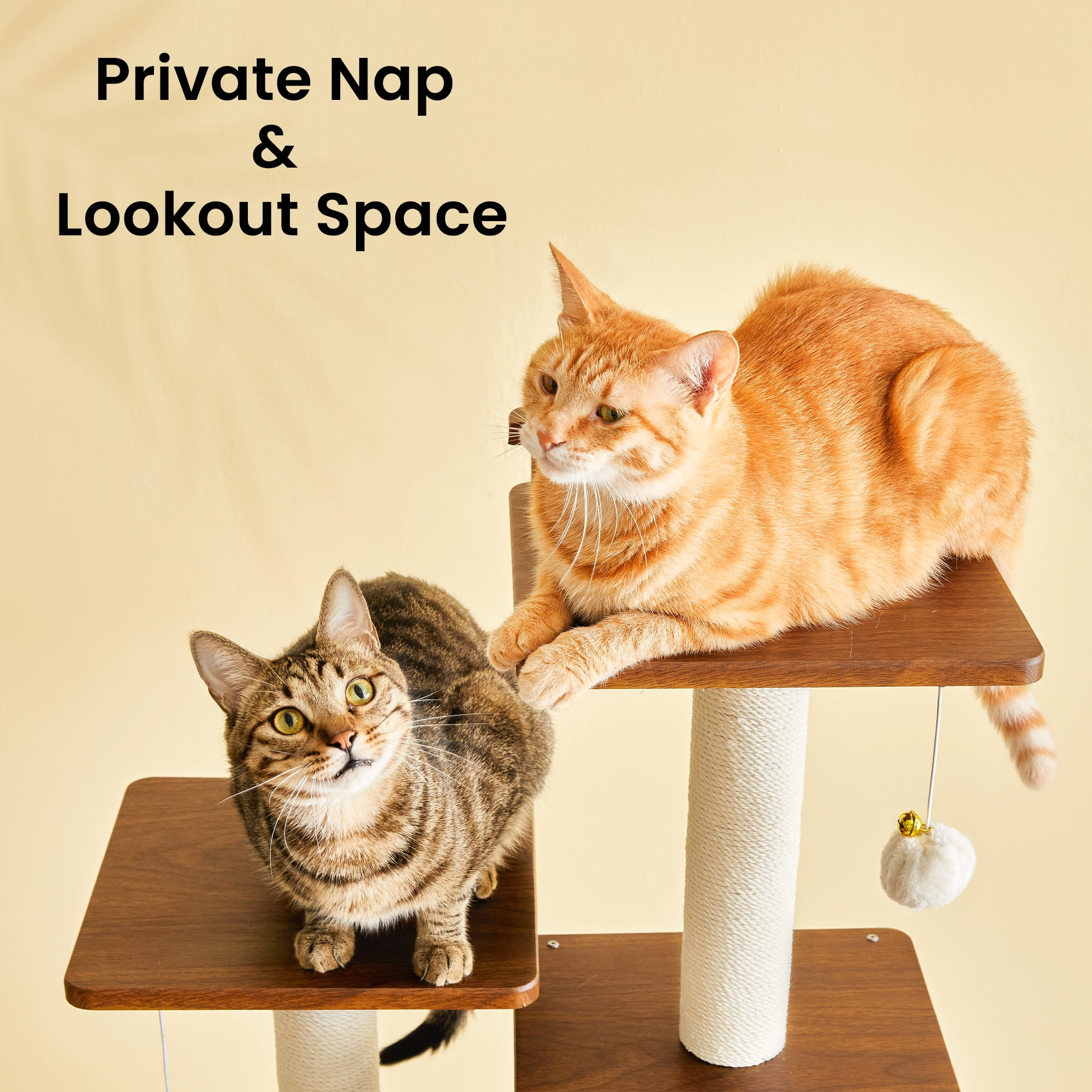 MWPO Modern Cat Tree - 64 inch Cat Tower for Indoor Cats, Multi-Level Cat Condo with 7 Fully Wrapped Scratching Posts, 2 Perches, Hammock, Removable Pad & Dangling Balls-Walnut Brown