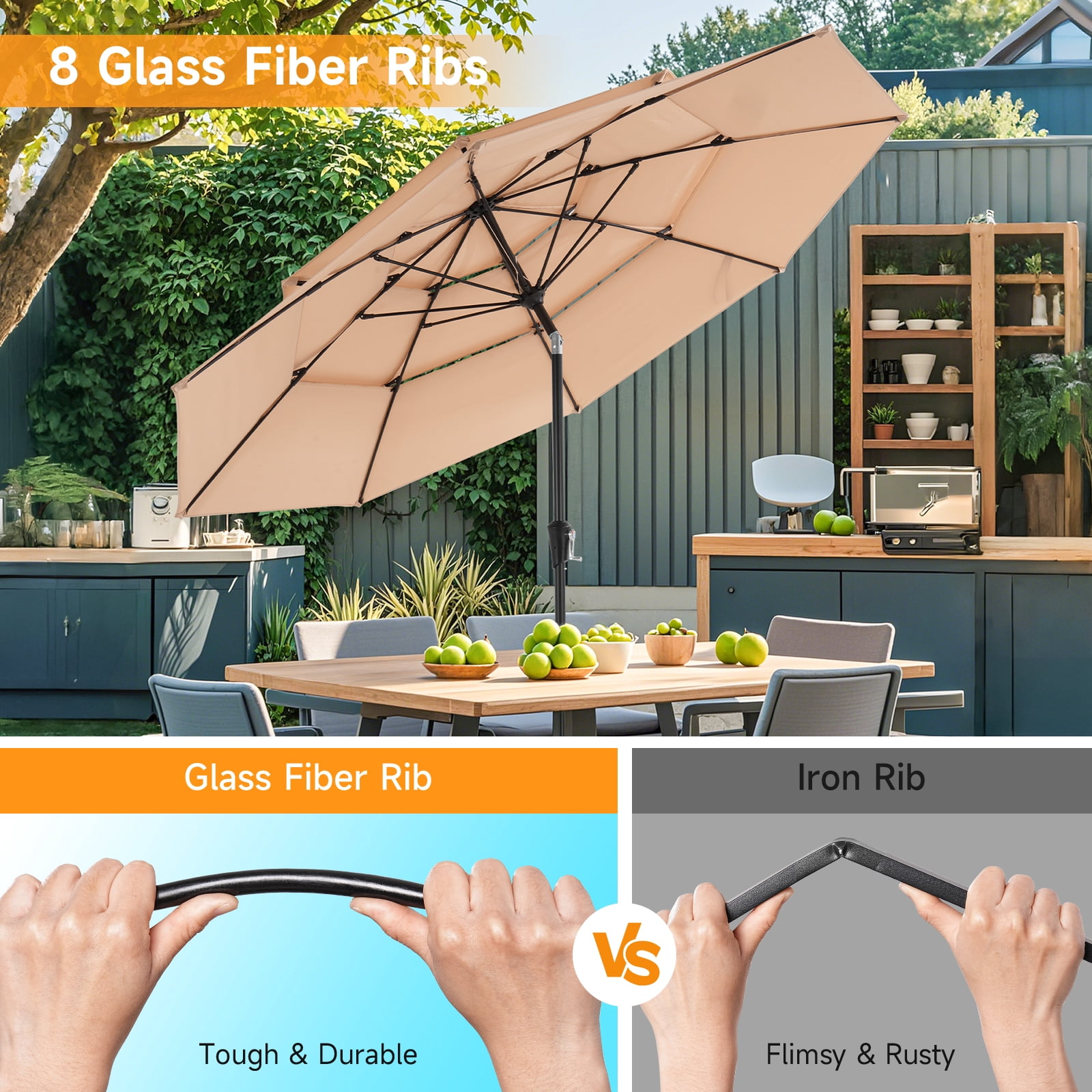Dovov 10ft Patio Umbrella with Crank & Push Button Tilt, 3 Tier Vented Outdoor Market Umbrellas Adjustable Patio Table Umbrella with 8 Glass Fiber Ribs for Beach Pool Garden Lawn Backyard, Champagne