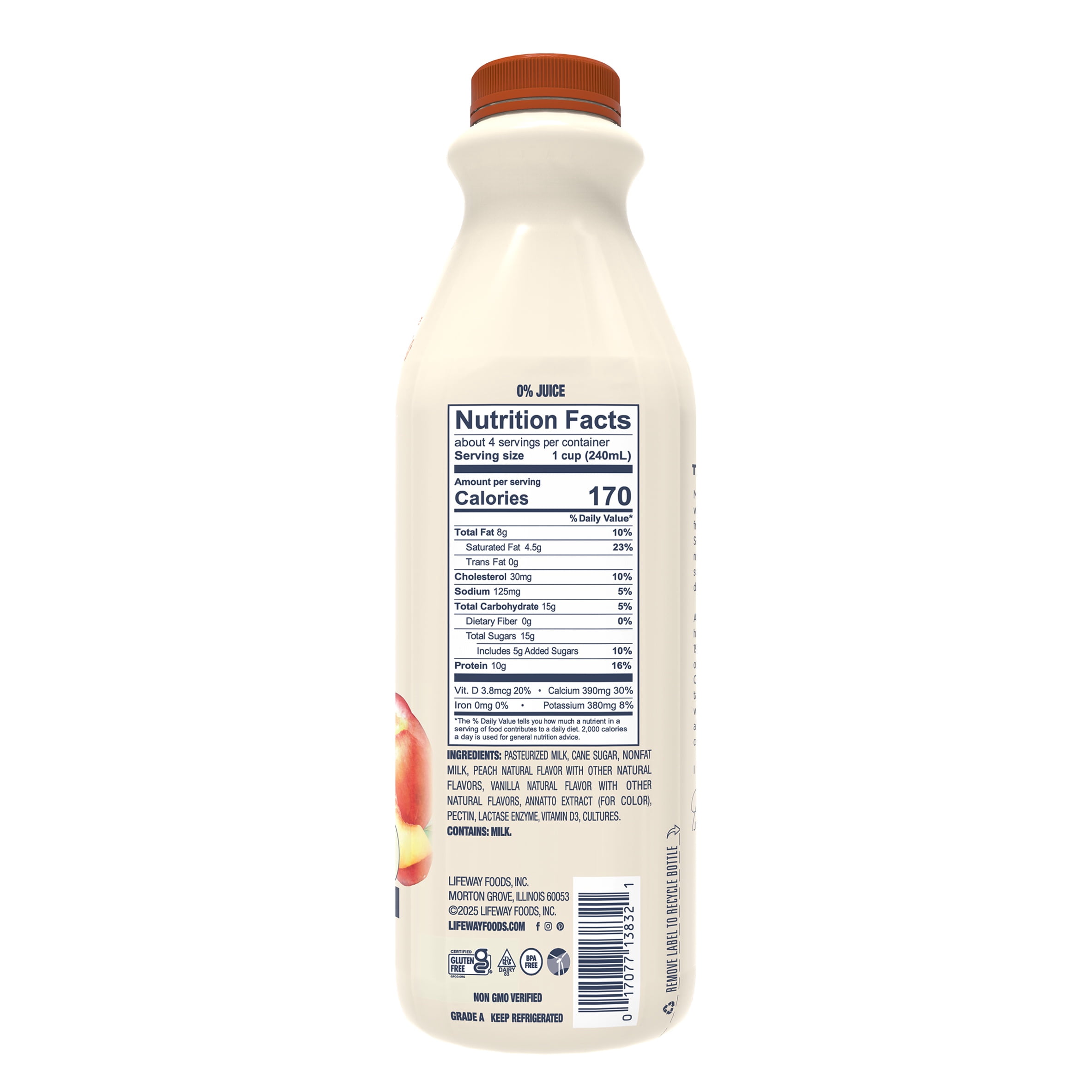 Lifeway Whole Milk Peach Kefir, 32 fl oz bottle