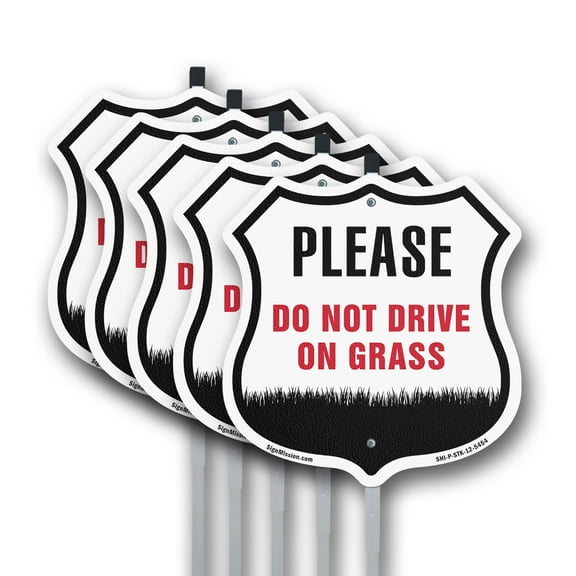 Please Do Not Drive On The Grass (5 Pack) 12 inch X 12 inch Shield Shaped Rust-Free Aluminum Metal Signs with Aluminum Mounting Stakes Weather Resistant Made in the USA