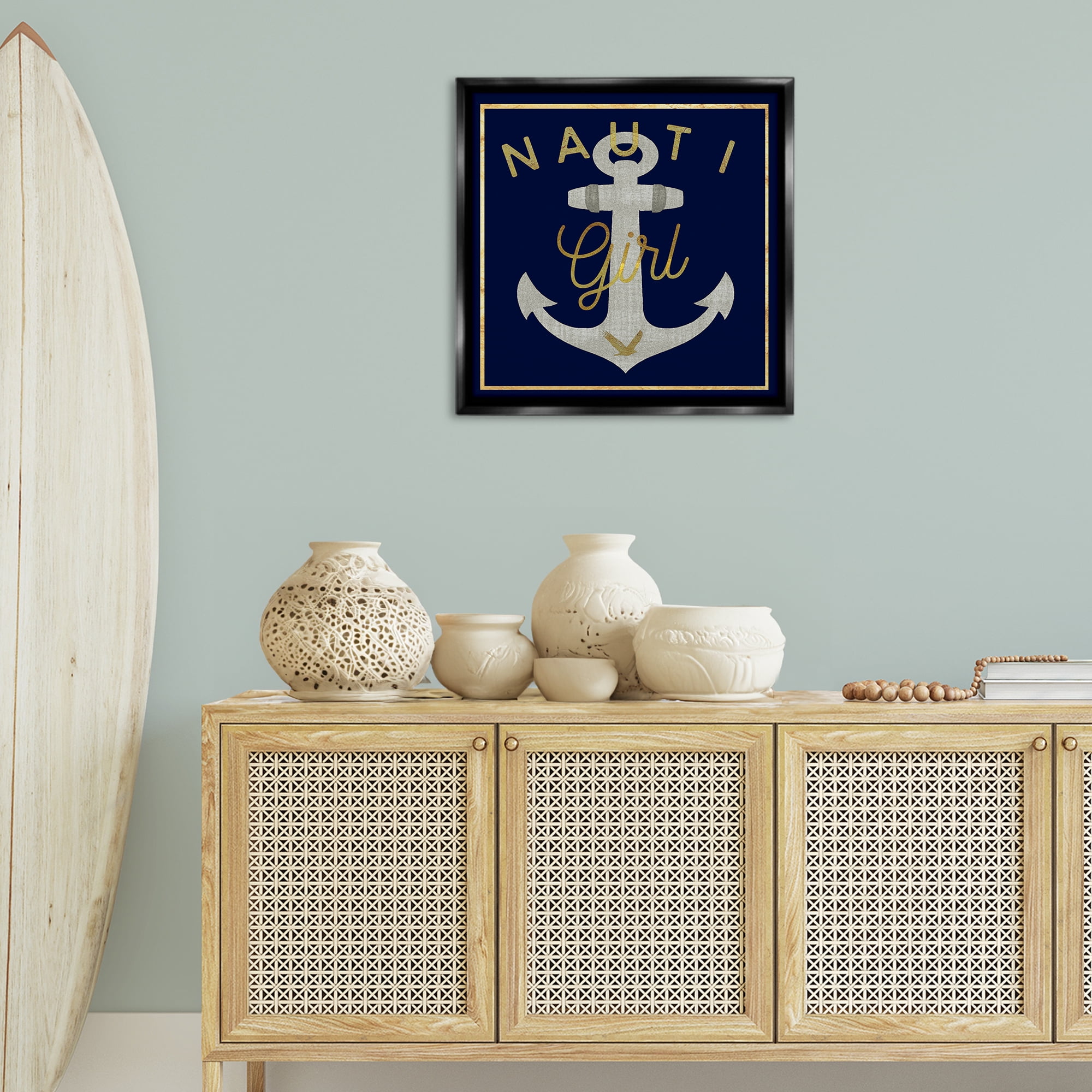 Stupell Industries Nauti Girl with Anchor Novelty & Humor Painting Black Floater Framed Canvas Art Print Wall Art, 25 x 25