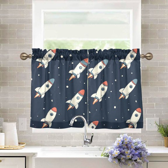 Yayeee Kitchen Curtains Tier Pair Light Filtering 27"x24" Rod Pocket Short Cafe Window Panel, Rocket Pattern