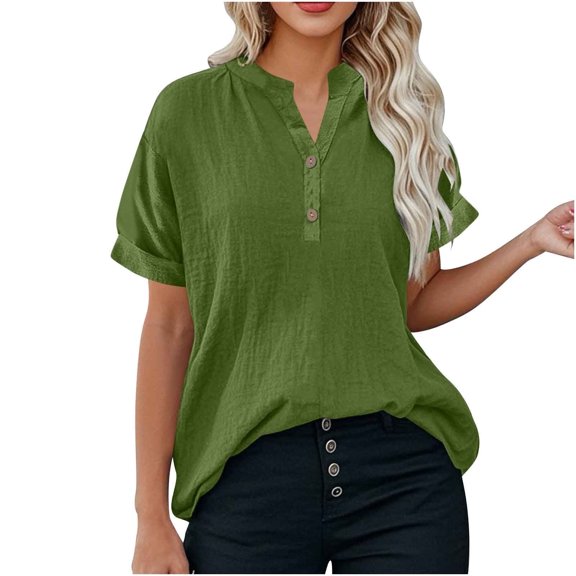 Olyvenn Linen Shirts for Women Trendy 2025 Plus Size Short Sleeve Button V Neck Summer Tops Casual Oversized Tshirt Blouses Army Green XXXL