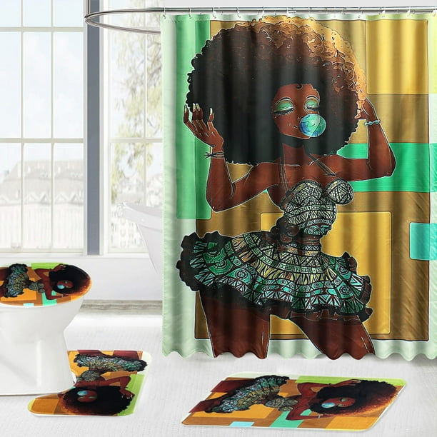 4/3pcs African Girl Bathroom Set Printed Rubber Backing Rug Bath Mats