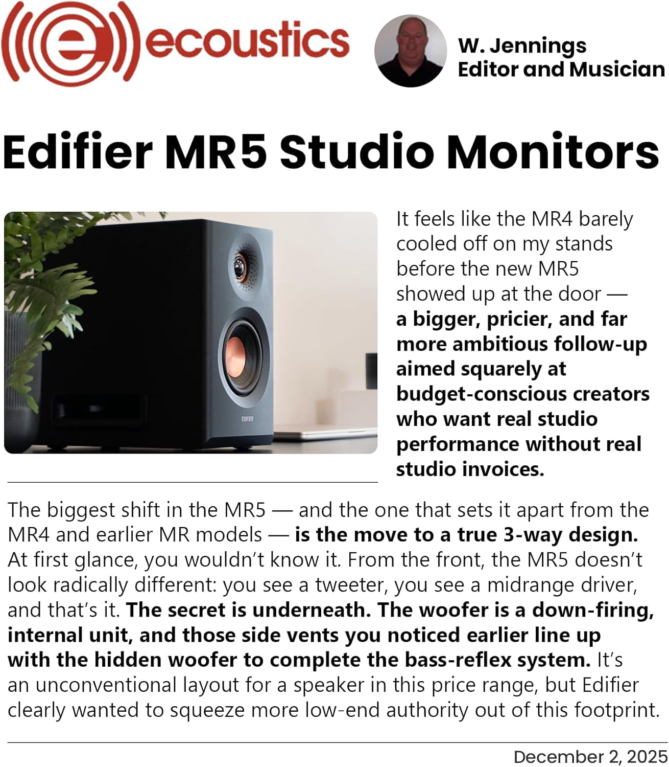 Restored Edifier MR5 2.0 Studio Monitor Bookshelf Speakers, 110W(RMS), Hi-Res Audio, Bluetooth 6.0, 3-Way Active Design, Room Compensation, XLR/TRS/RCA Inputs, Compact Size for Home Studio & Music