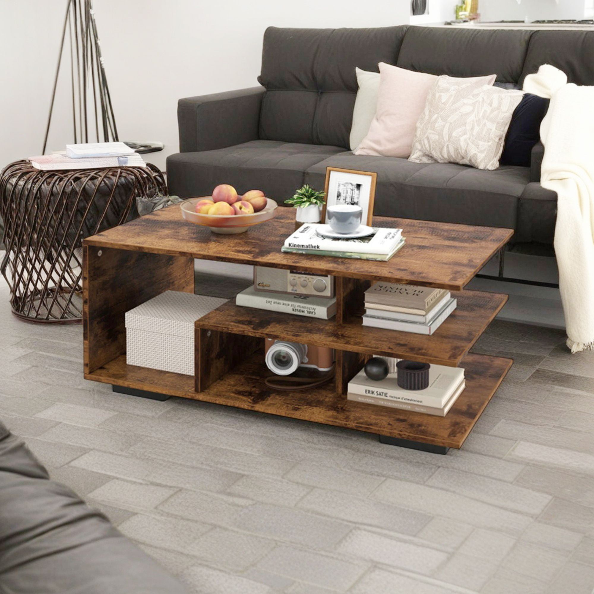 Demi Bonn 3-Piecedustrial Coffee Table Set, Rectangular Coffee Table with L-shaped Middle Shelf & 2 Modern Nightstands with 2 Flip Drawers and Open Shelf, for Living Room, Brown