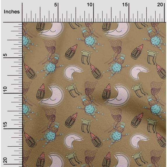 oneOone Cotton Poplin Light Brown Fabric Baby Feeder|Moon & Cartoon Sheep Kids Diy Clothing Quilting Fabric Print Fabric By Yard 56 Inch Wide