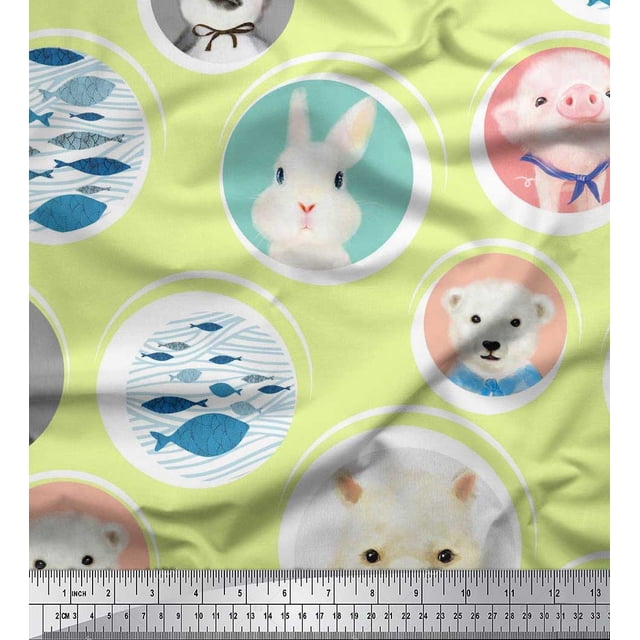 Soimoi Moss Georgette Fabric Circle,Fish & Cute Animals Patchwork Fabric Prints by Yard 42 Inch Wide