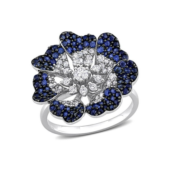 1.61 Carat (Ctw) Blue Sapphire Flower Cluster Ring in 14K White Gold with Diamonds 1/4 carat (Ctw) for Women
