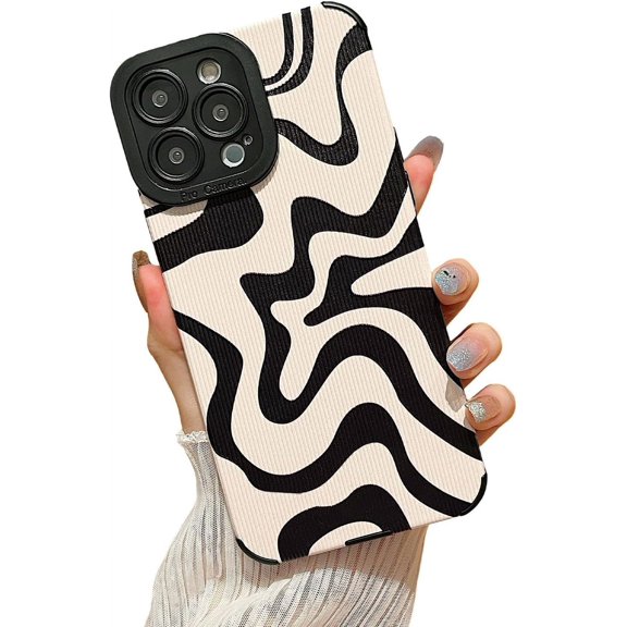 Compatible with iPhone 12 Case,Cute Wave Zebra Stripes Pattern Design,Soft PU Leather Silicone Thin Slim Phone case Shockproof Protective Girly for Women Girls-Black