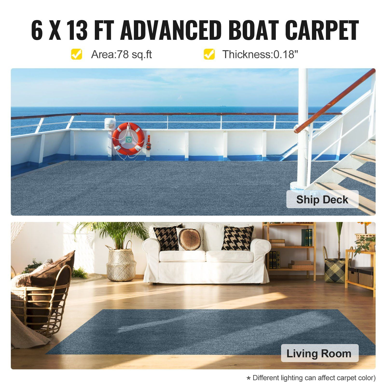 Boat Carpet Rugs Indoor Outdoor Rugs for Patio Deck Anti-Slide TPR Water-Proof Back Cut Outdoor Marine Carpeting Easy Clean Outdoor Carpet Roll, 6 ft x 13.1ft