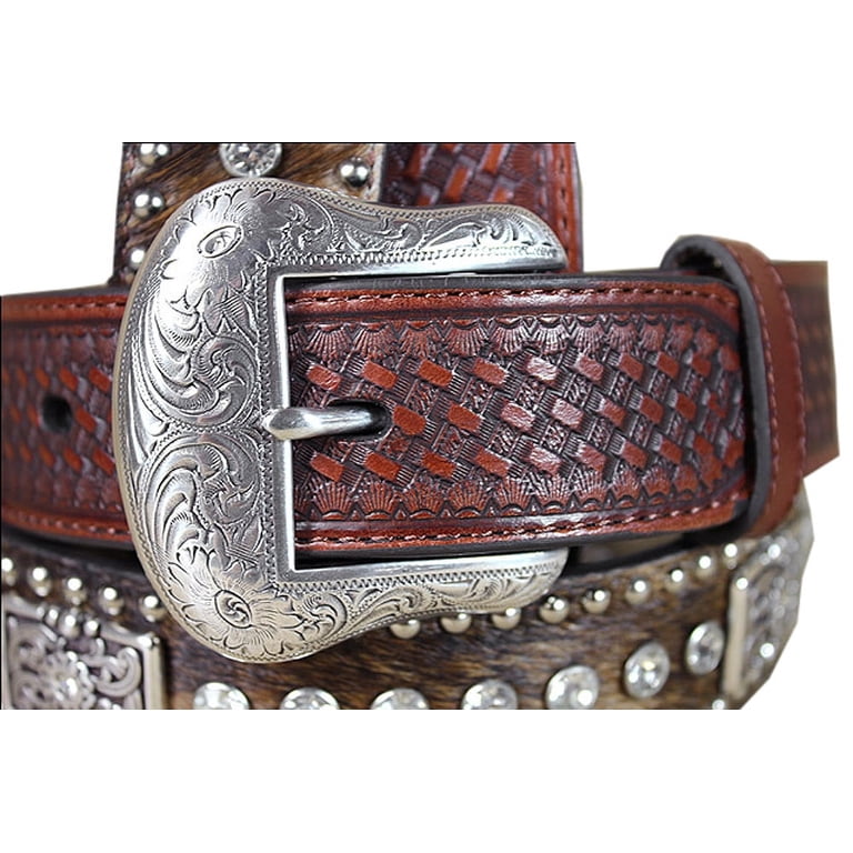 Nocona Western Belt Mens Leather Rhinestones Hair Brown  display picture 1